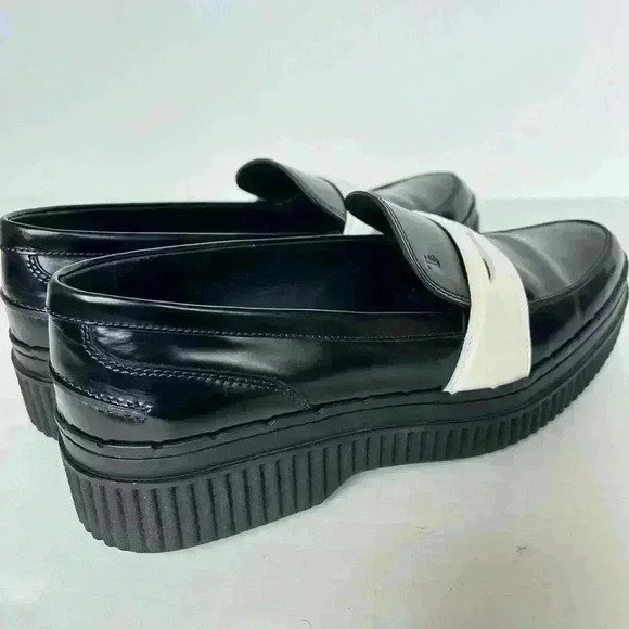 TODS Spazzolato Leather Black Platform White Penny Strap Loafer - Picture 10 of 11